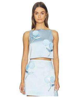 Self-Portrait Satin 3D Sequin Flower Top - Blue