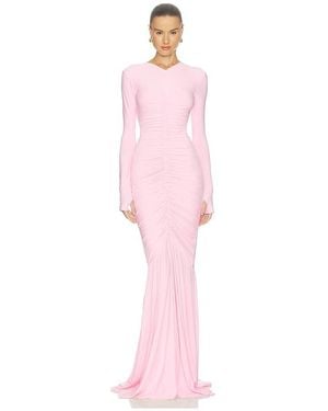 Norma Kamali Long Sleeve V Neck Shirred Front Fishtail Gown - Pink