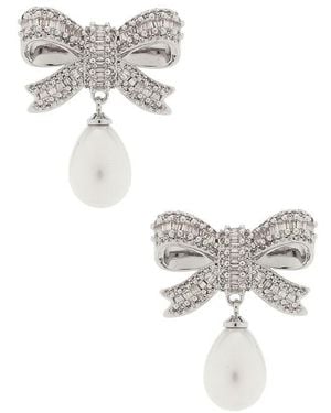 Self-Portrait Crystal Bow Pearl Droplet Earrings - White