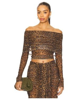 LAPOINTE Printed Mesh Off The Shoulder Top - Brown