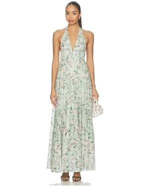 Alice + Olivia Maura Embroidered Deep V Halter Tiered Maxi Dress - White