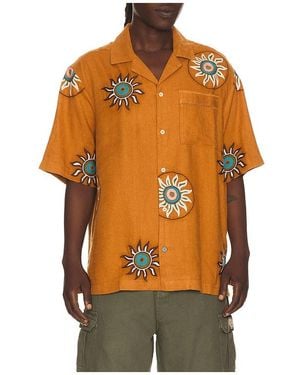 Scotch & Soda Embroidered Linen Relaxed Fit Short Sleeve Shirt - Orange