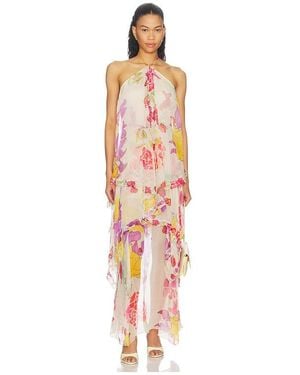 Donde Esteban Flores Silk Chiffon Long Halter Dress - White