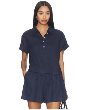 PERFECTWHITETEE Linen 1/4 Button Down Collared Tee - Blue