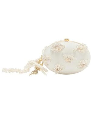 Self-Portrait Satin Floral Beaded Oval Clutch - White