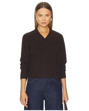 White + Warren Cashmere Wide Rib Trim Vneck Top - Black