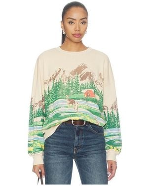 Daydreamer Campsite Scene Oversized Crew Sweatshirt - Green