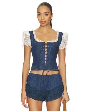 For Love & Lemons Yasmin Lace Up Top en Blue - Bleu