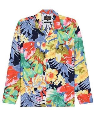 Beams Plus Mil Open Collar Tropical Pattern Print - Blue