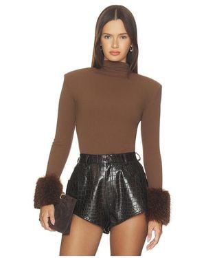 Bronx and Banco Long Sleeve Bodysuit With Faux Fur Cuffs - Brown