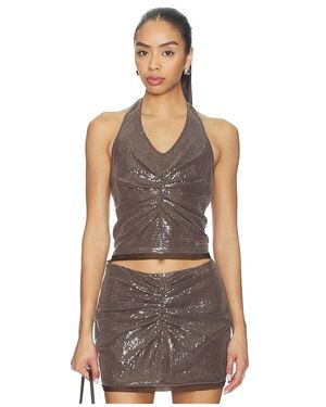 PRIVATE POLICY Gather Sequin Halter Top - Brown