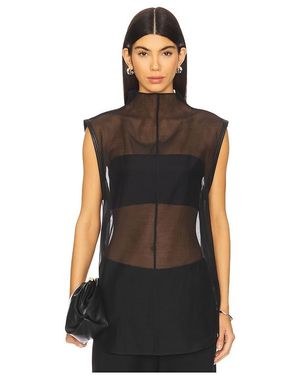 St. Agni Sheer Silk Leather Trim Top - Black