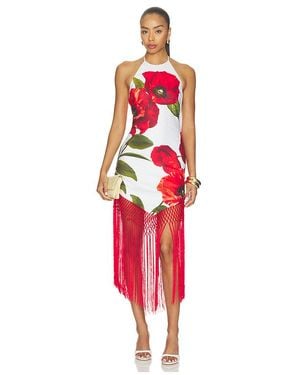 Alice + Olivia Mallory Halter Neck Fringe Hem Midi Dress - Red
