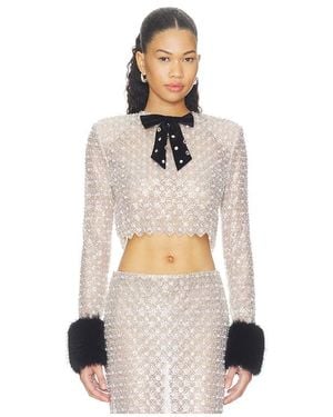 Bronx and Banco Embellished Crop Top With Faux Fur Cuffs - White