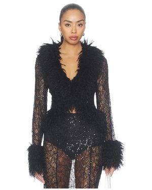AFRM Simone Beaded Lace Fur Trim Cardigan - Black