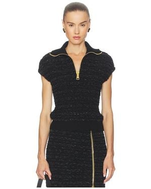 Balmain Zipped Short Sleeve Tweed Top - Black