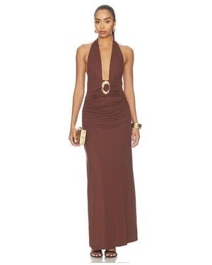 Runaway the Label Arina Halter V-Neck Maxi Dress - Brown