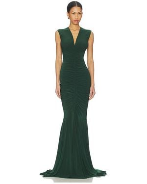Norma Kamali Ärmelloses Fischgrätabendkleid Mit V-Ausschnitt Und Raffungen Vorn - Grün
