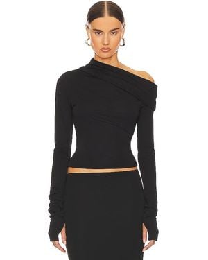 Helsa Matte Jersey Drape Shoulder Top - Black