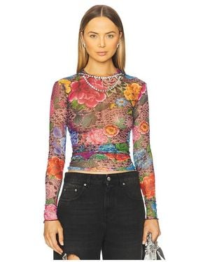 Area Crystal Embellished Printed Tulle Long Sleeve Top - Red