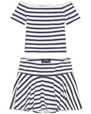 Polo Ralph Lauren Short Sleeve Cotton Jersey Knit Striped Shirt With Skirt - White