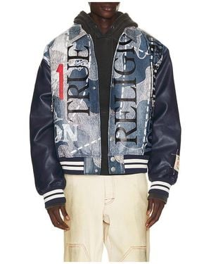 TRUE RELIGION Denim Print Bomber Jacket - Blue