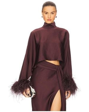 LAPOINTE Lightweight Satin Caftan Top With Feathers - Red