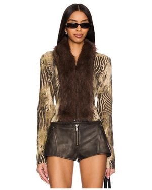 Jaded London Printed Knit Cardigan With Faux Fur Trim - Brown