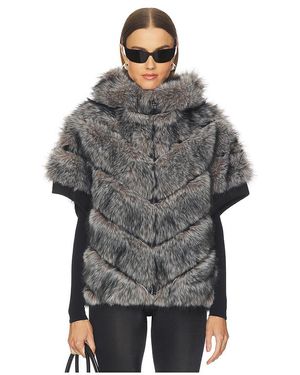 Jocelyn Faux Fox Hooded Chevron Short Sleeve Jacket - Grey