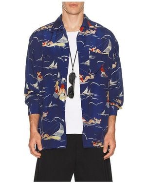 Beams Plus Open Collar Cupro Print - Blue