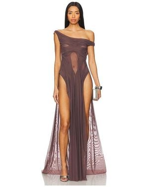 DI PETSA Wetlook Off-Shoulder Long Dress With Double Thigh Split - Brown