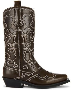 Ganni Mid Shaft Embroidered Western Boot - ブラウン
