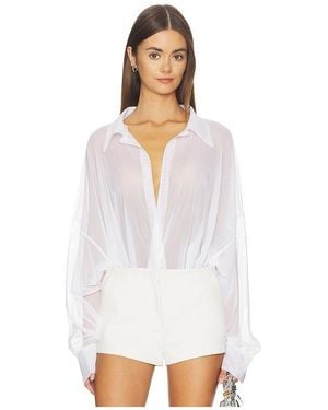 Norma Kamali Super Oversized Boyfriend Shirt Bodysuit - White