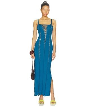 Indah Soren Solid Maxi Slash Dress With Macrame Trim - Blue
