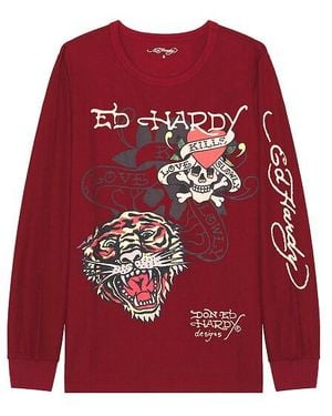 Ed Hardy Tiger Skull Long Sleeve Thermal Tee - Red