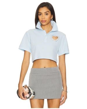 Area Crystal Heart Cutout Cropped Polo Top - White