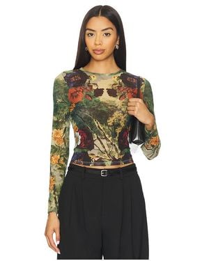 Alice + Olivia Delaina Printed Mesh Long Sleeve Crop Top - Black