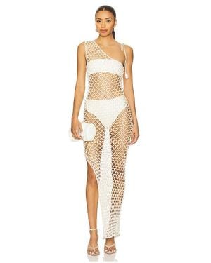 MY BEACHY SIDE Serene Hand Crochet Pearl Beaded One Shoulder Maxi Dress - White