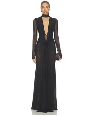 David Koma V-Neck Long Sleeve Mesh Gown - Black