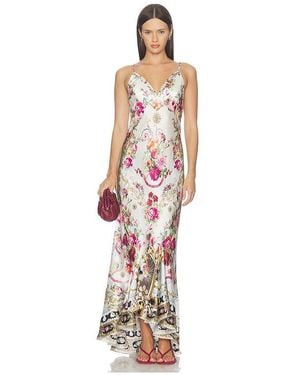 CAMILLA V Neck Slip Dress With Flounce Hem - White