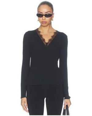 Vince Lace Trim Longsleeve V Neck Top - Black
