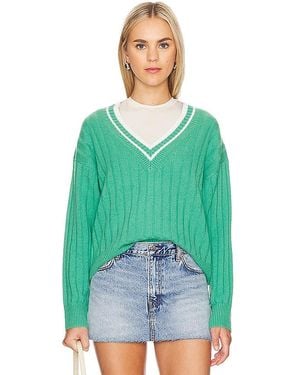 White + Warren Warren Cashmere Varsity V-Neck Jumper - Green