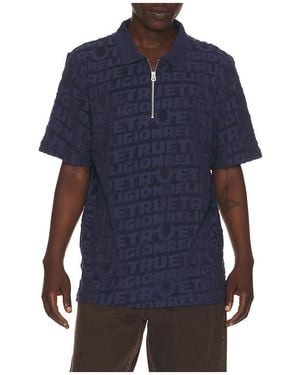 TRUE RELIGION Logo Terry Knit Zip Polo - Blue