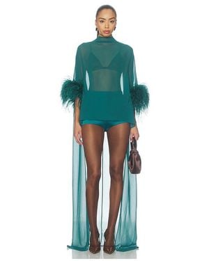 LAPOINTE Lightweight Georgette High Low Mock Neck Top With Feathers - Green