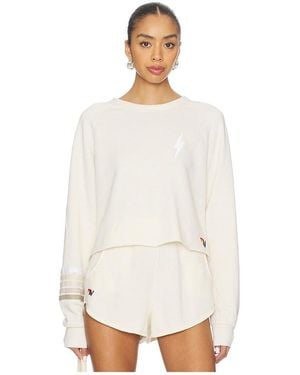 Aviator Nation Bolt Rugby Stitch Cropped Crew Sweatshirt - White