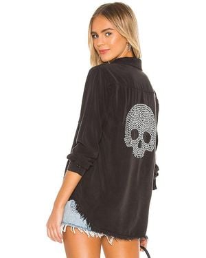 Lauren Moshi Sloane Nailhead Skull Button Up Denim Shirt - Black