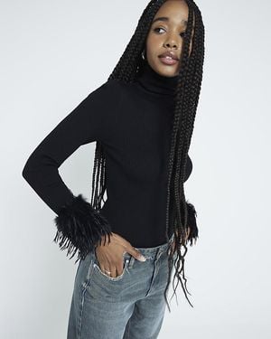 River Island Black Long Sleeve Feather Cuff Roll Neck Top