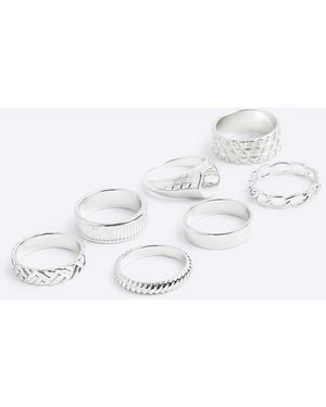 River Island 7pk Silver Color Textured Rings - White