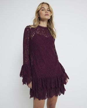 River Island Red Lace Tiered Shift Mini Dress - Purple