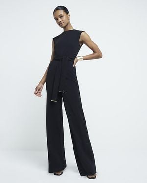 River Island Black Short Sleeved Belted Jumpsuit - Blue